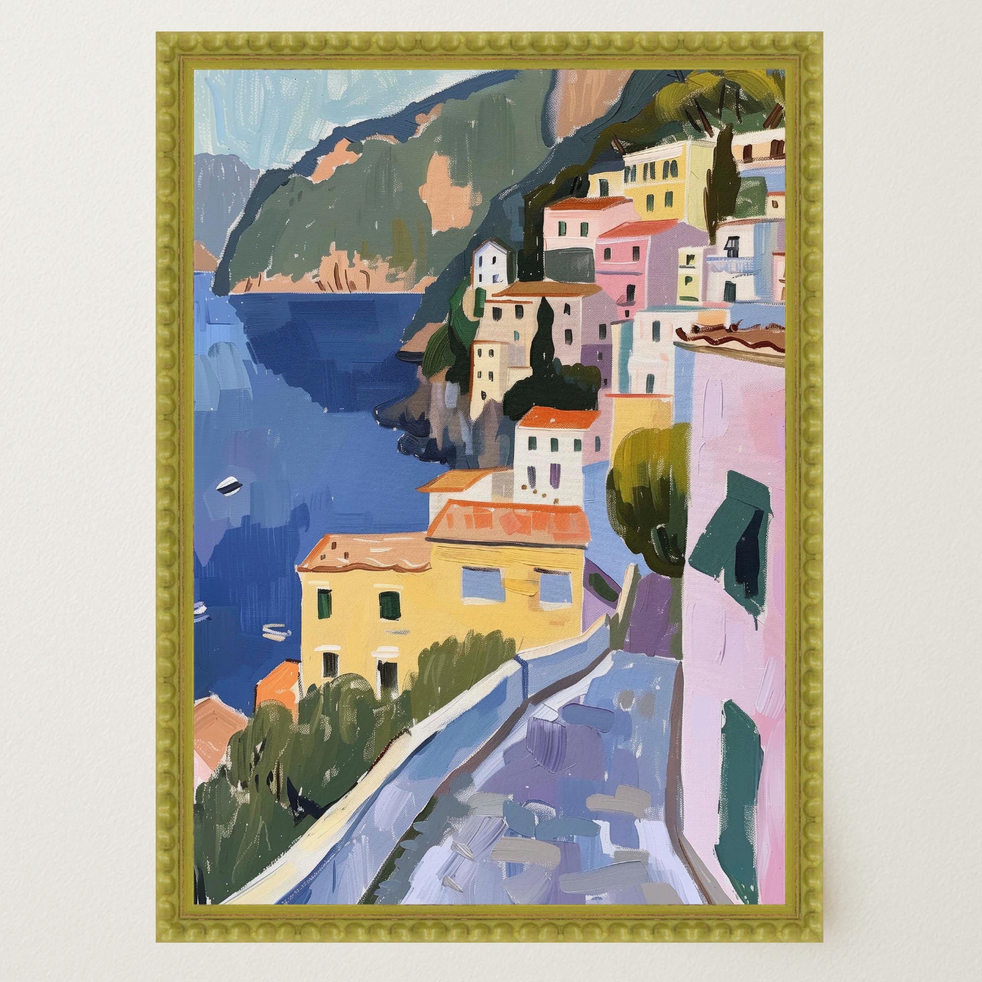 Mediterranean Coastal Town Landscape Wall Art Print-Skudaboo