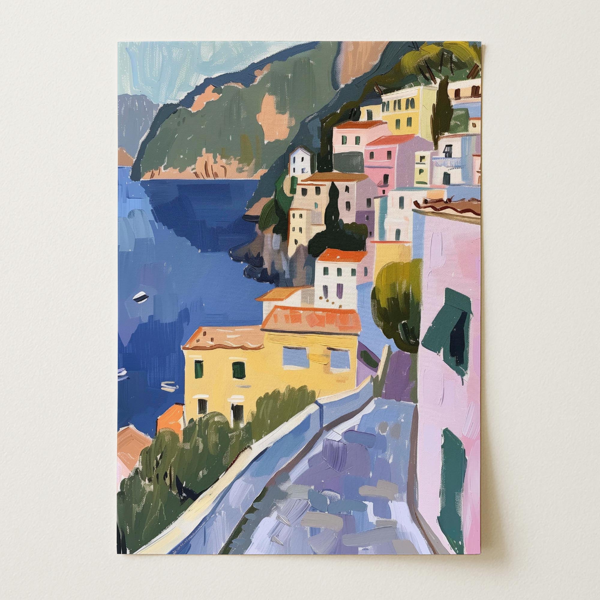 Mediterranean Coastal Town Landscape Wall Art Print-Skudaboo