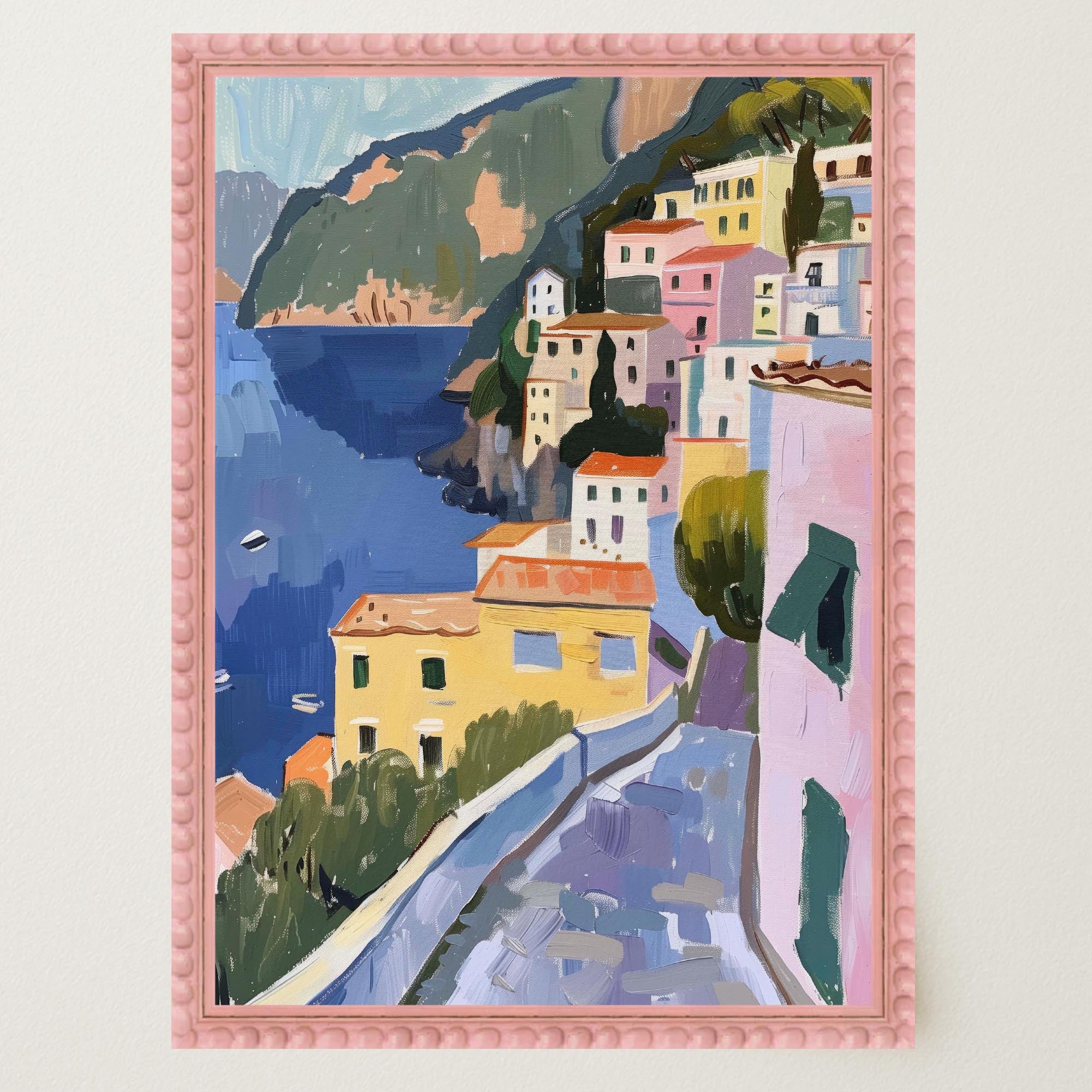 Mediterranean Coastal Town Landscape Wall Art Print-Skudaboo