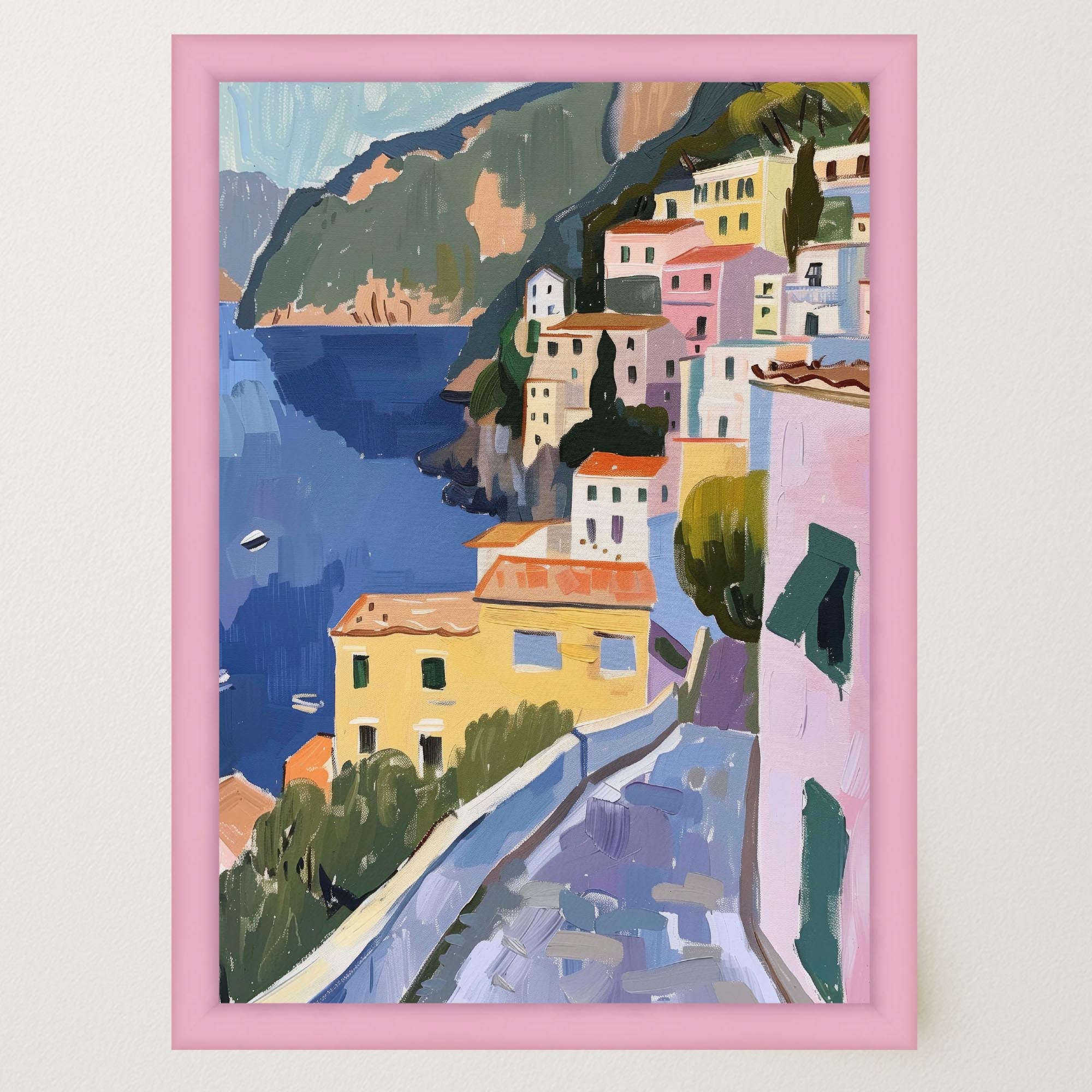 Mediterranean Coastal Town Landscape Wall Art Print-Skudaboo