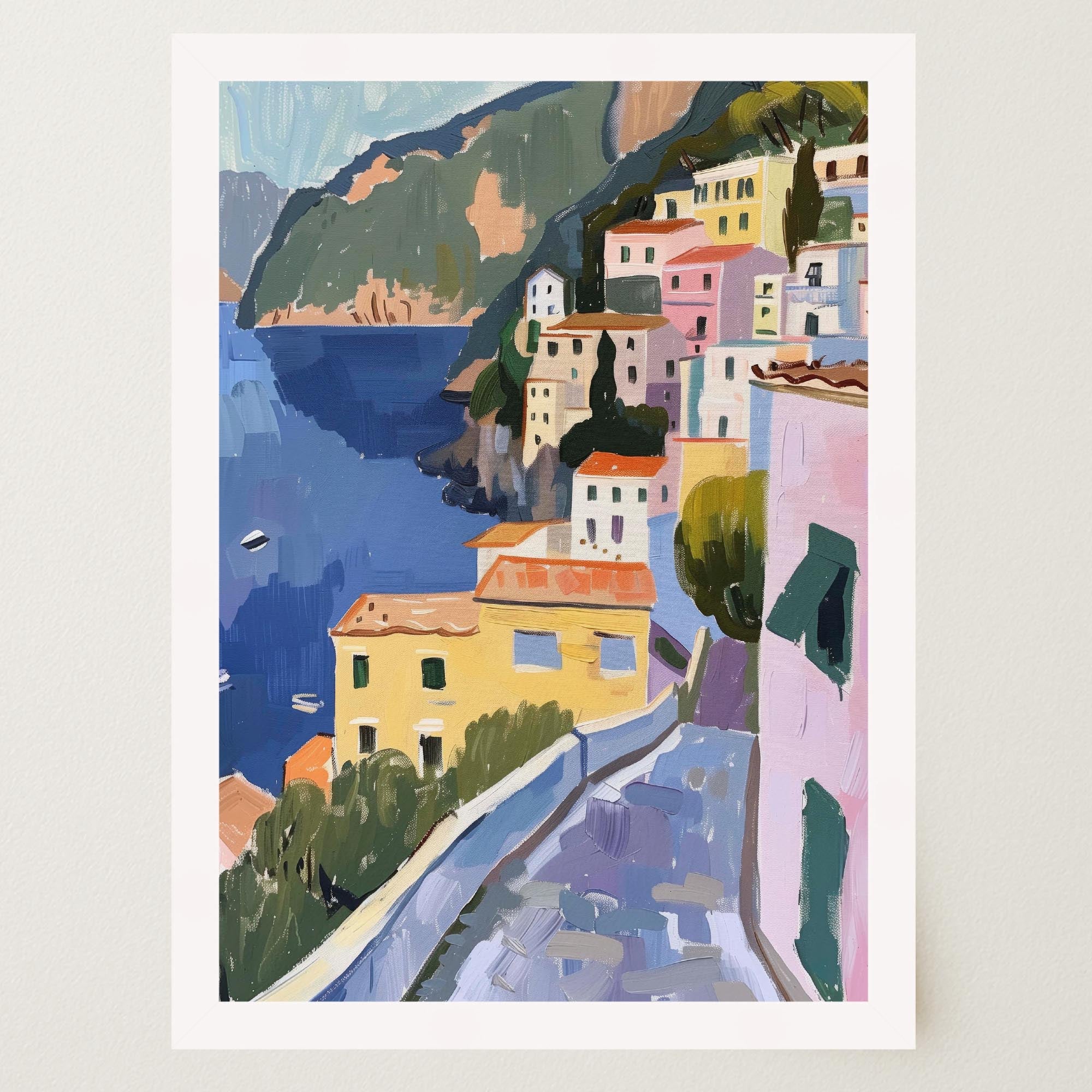 Mediterranean Coastal Town Landscape Wall Art Print-Skudaboo