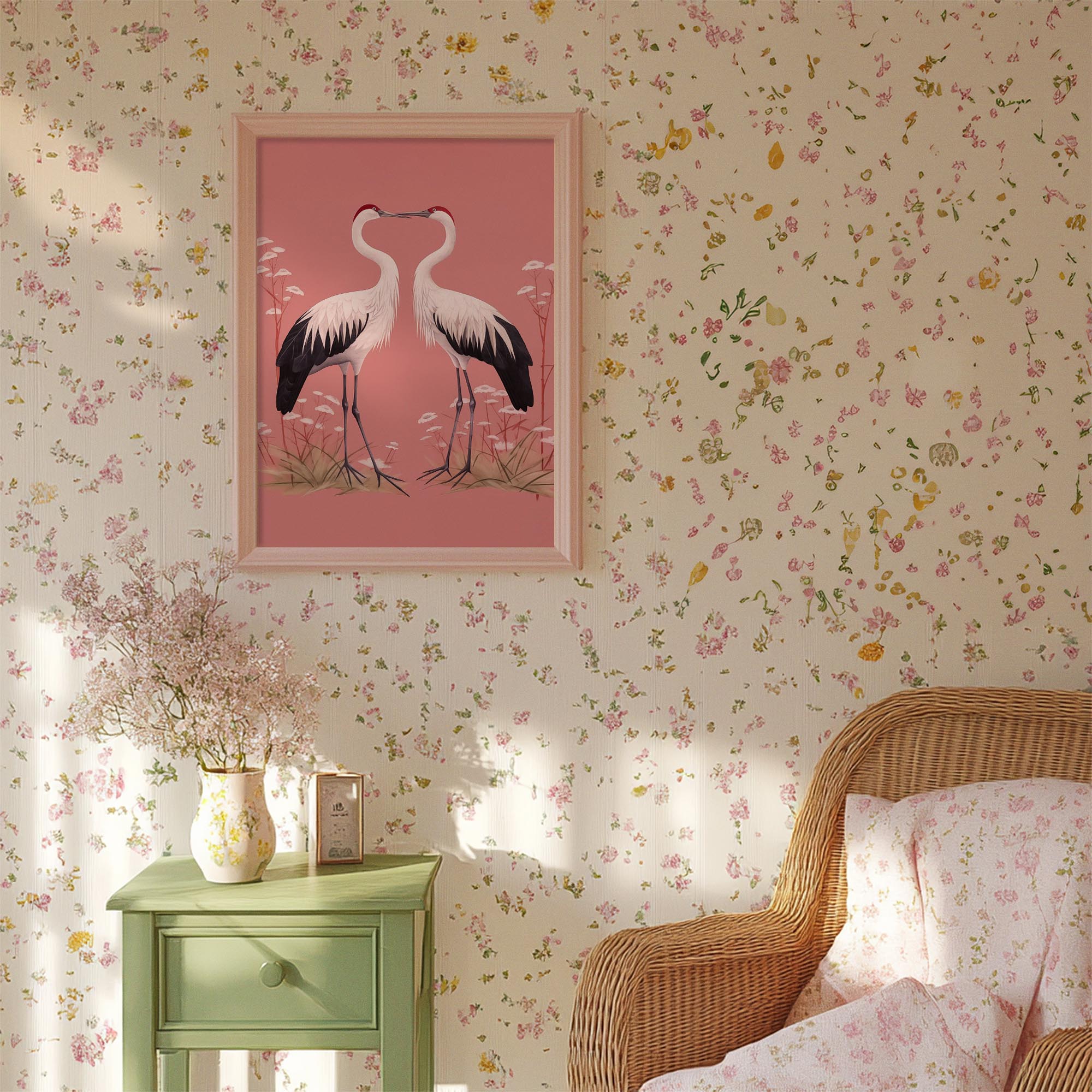 Romantic Crane Birds Heart Illustration Wall Art Print-Skudaboo