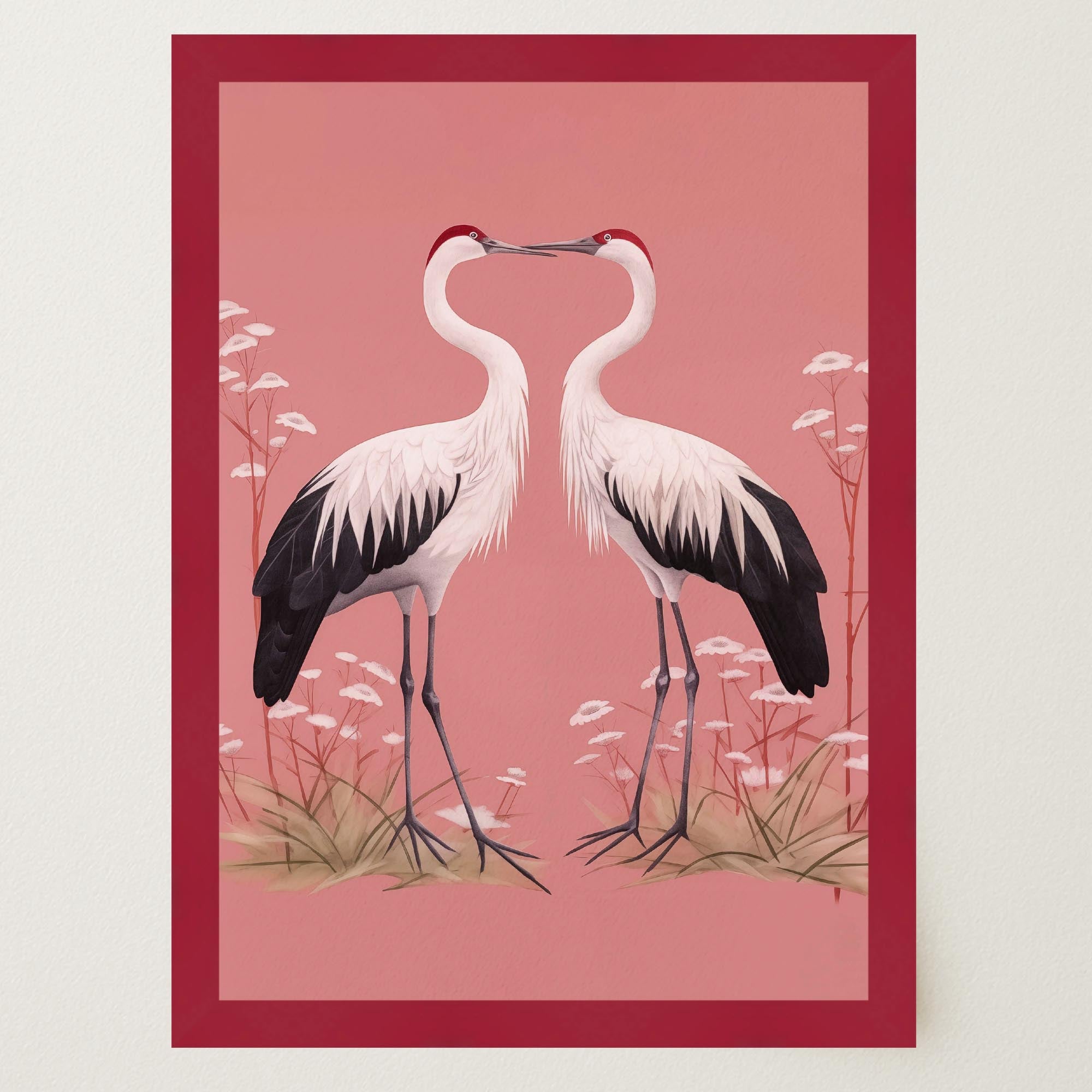 Romantic Crane Birds Heart Illustration Wall Art Print-Skudaboo