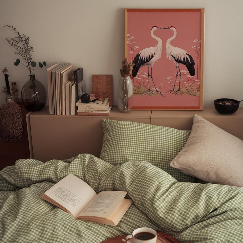 Romantic Crane Birds Heart Illustration Wall Art Print-Skudaboo