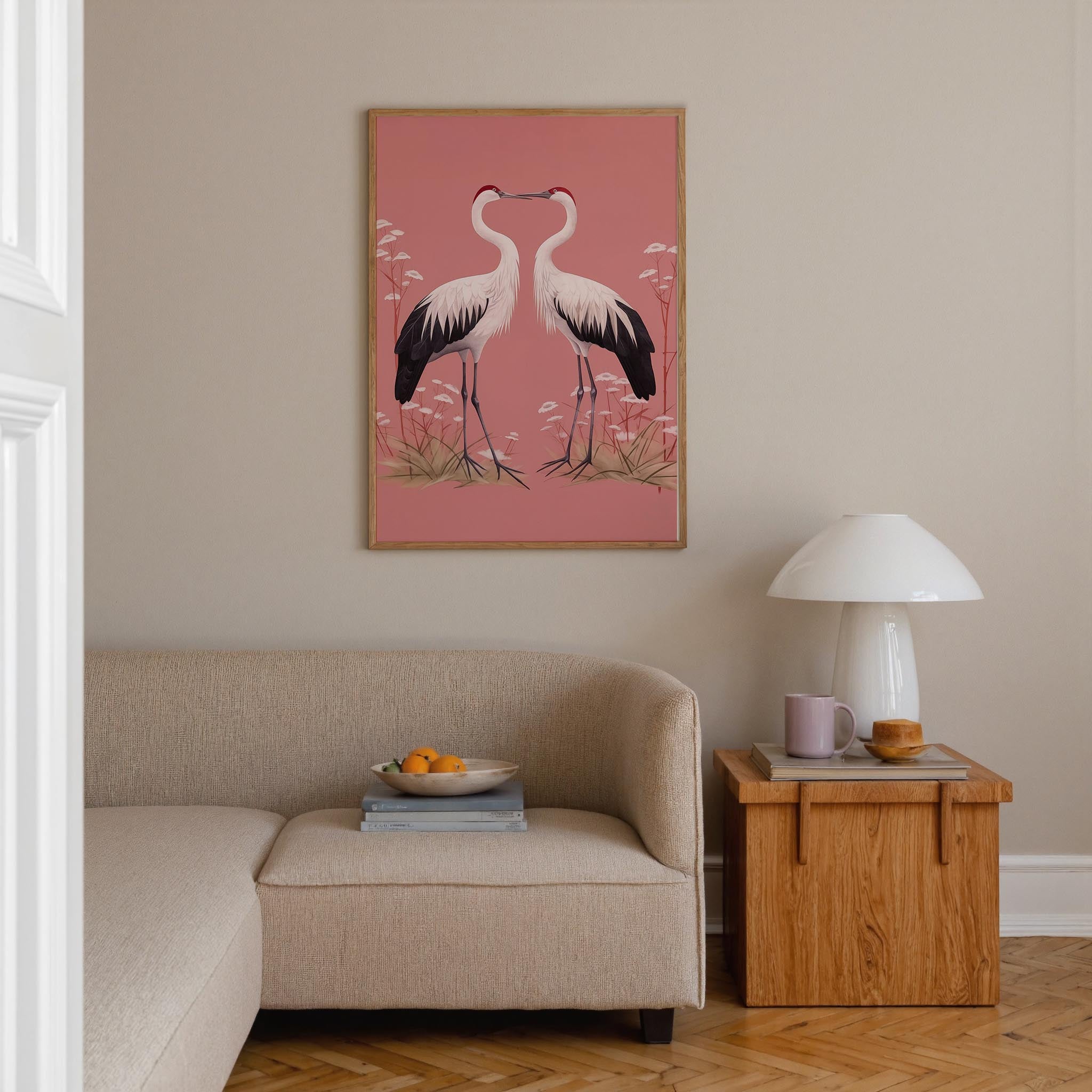 Romantic Crane Birds Heart Illustration Wall Art Print-Skudaboo