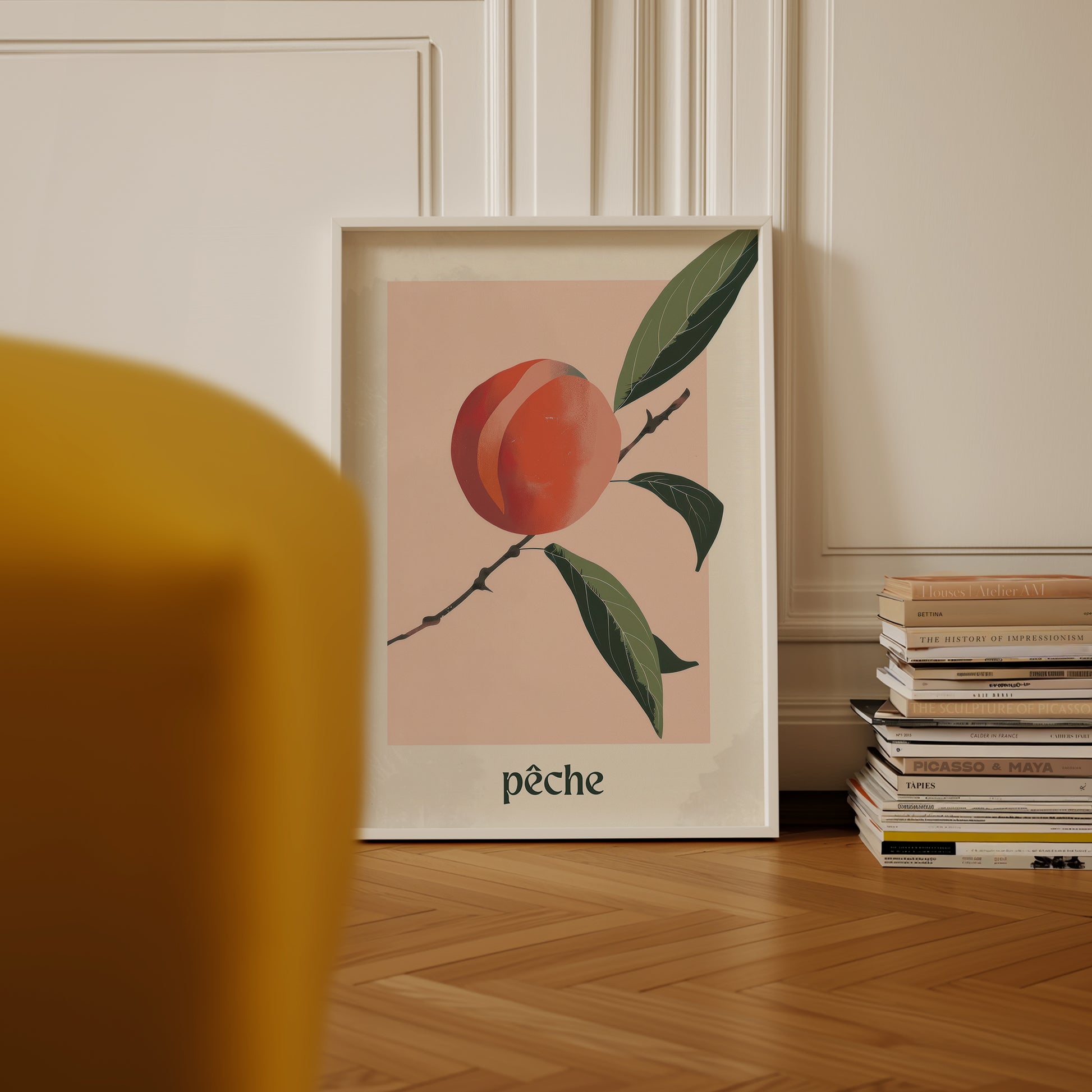 a picture of a peach sitting on top of a wooden floor