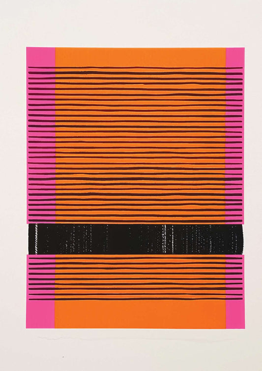 an orange and pink square with a black strip