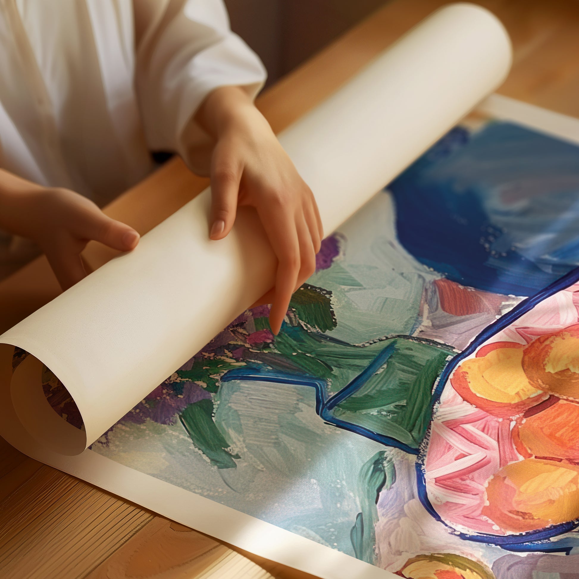 a person holding a roll of paper over a painting