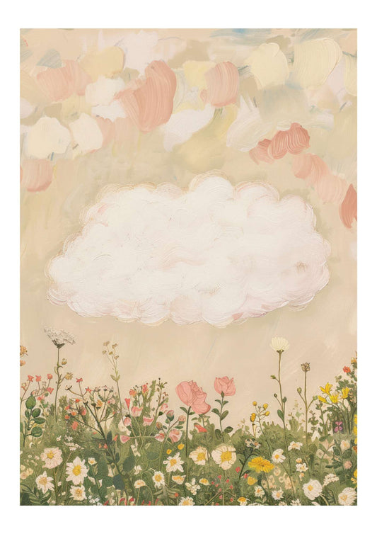 a painting of a cloud in a field of flowers