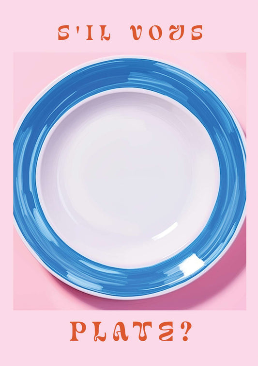 a blue and white plate on a pink background