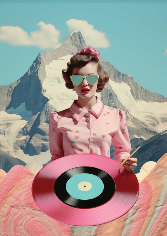 a woman holding a record in front of a mountain