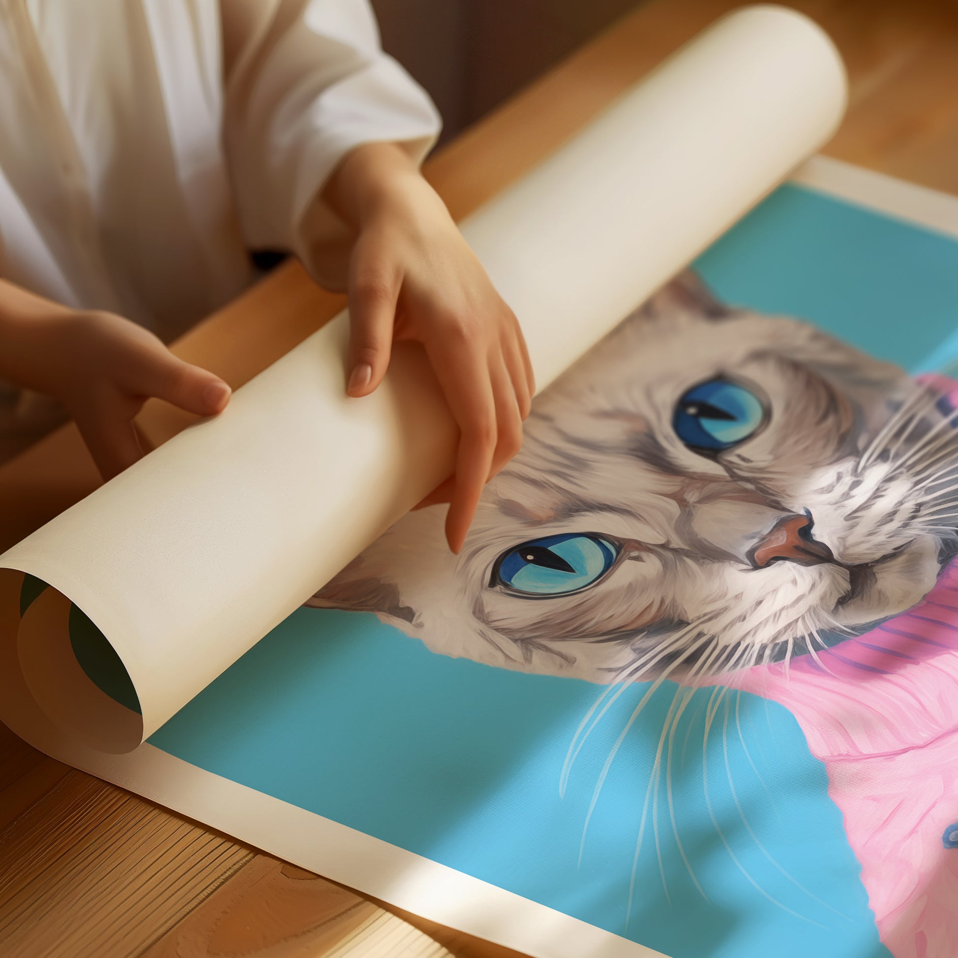 a person holding a roll of paper with a picture of a cat on it