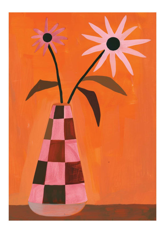 a painting of two flowers in a checkered vase