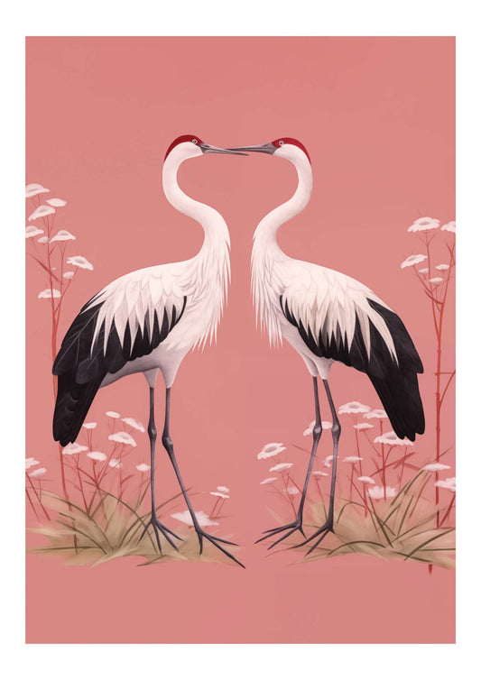 two birds standing next to each other on a pink background