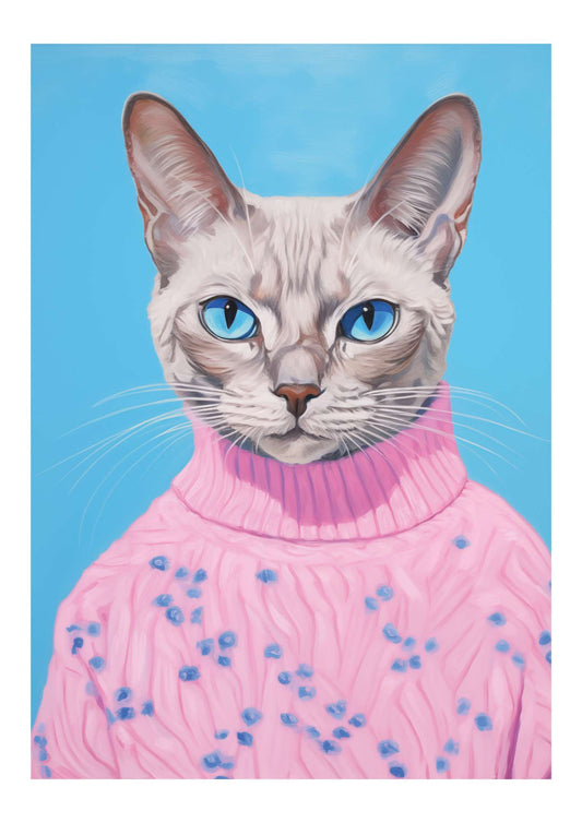 a painting of a cat wearing a pink sweater
