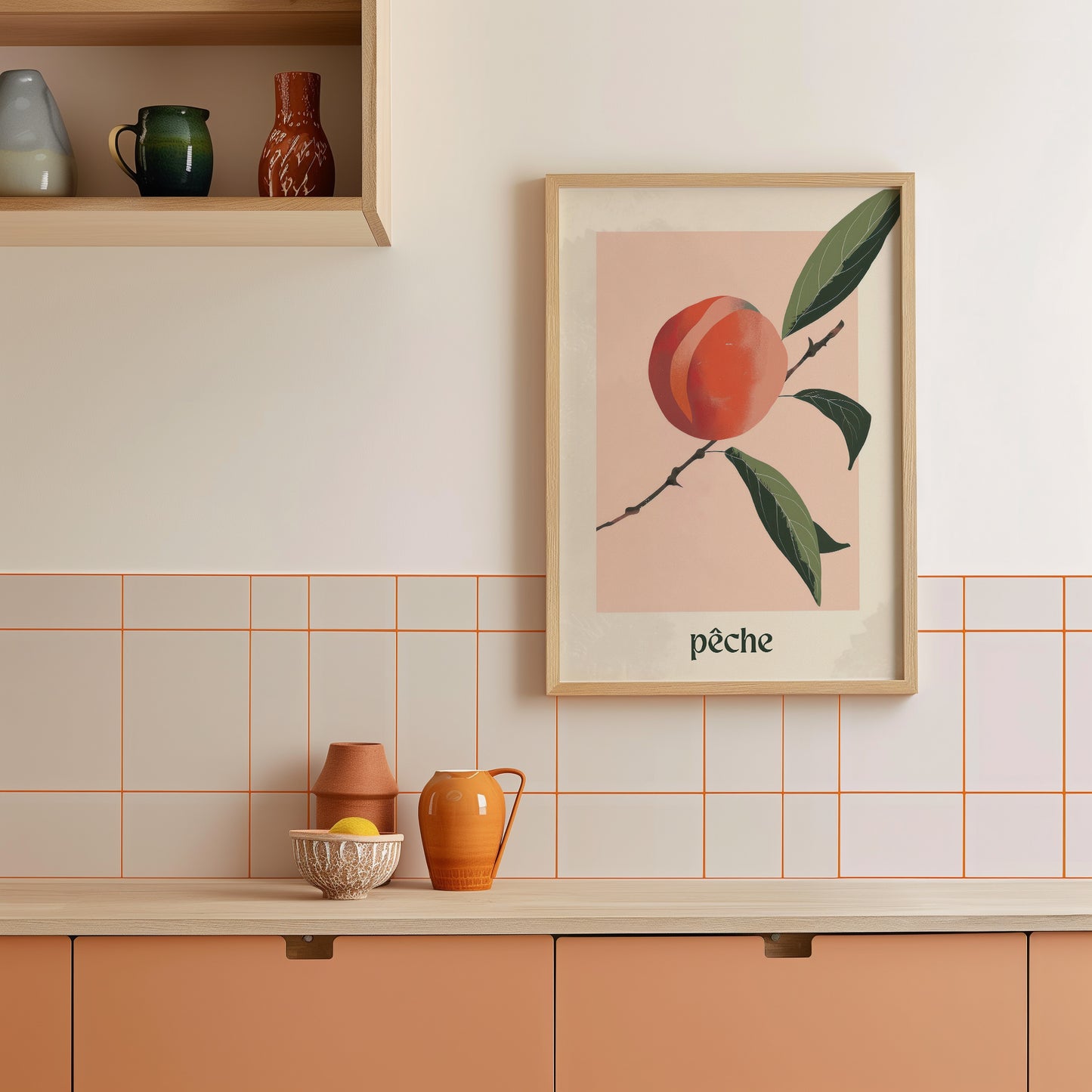a picture of a peach on a wall above a kitchen counter