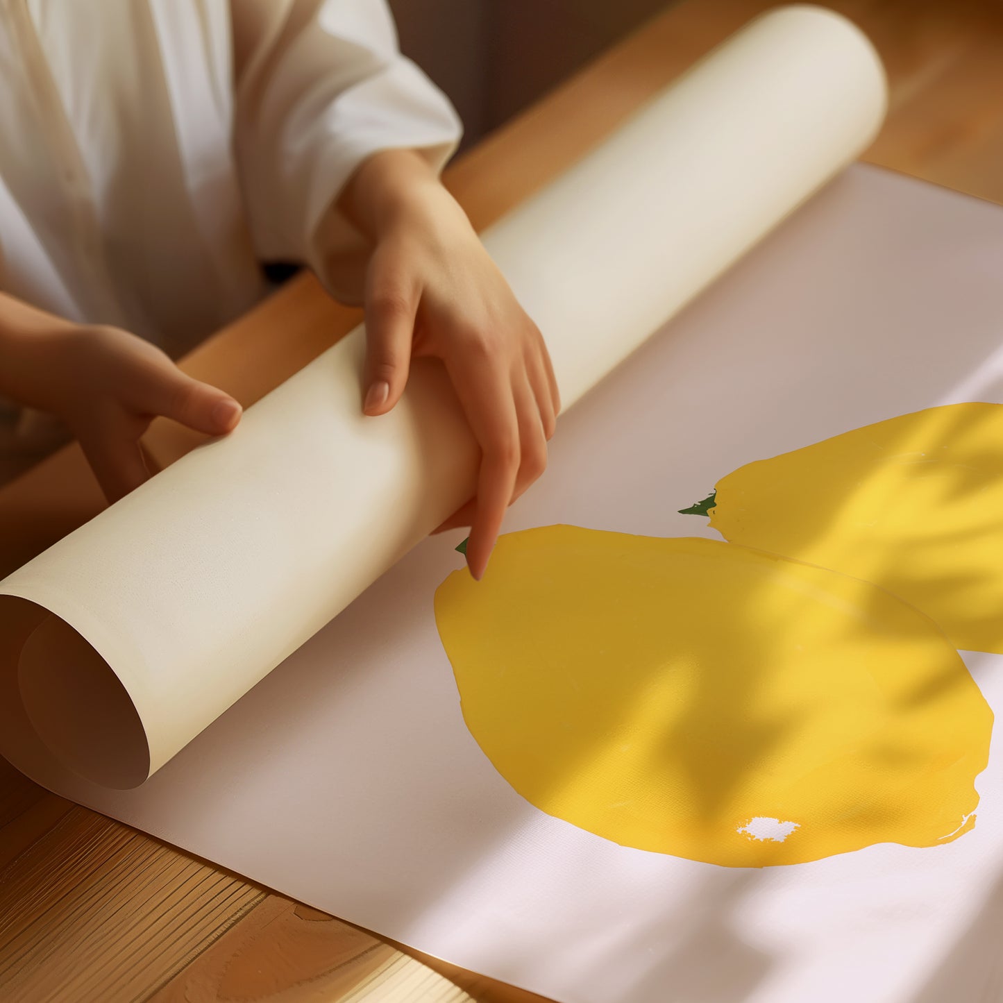 a person holding a roll of paper with a picture of a yellow apple on it