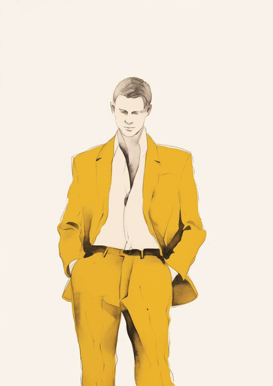 a drawing of a man in a yellow suit