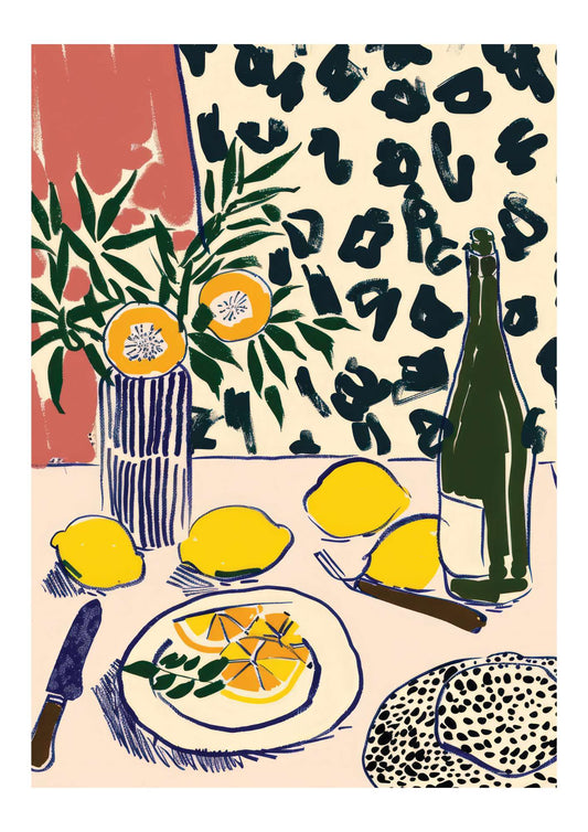 a painting of lemons and a bottle of wine on a table