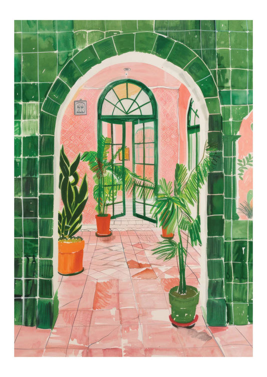 a painting of a hallway with potted plants