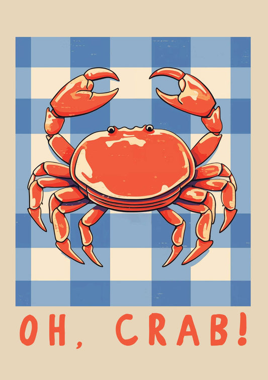 a crab on a blue and white checkered tablecloth