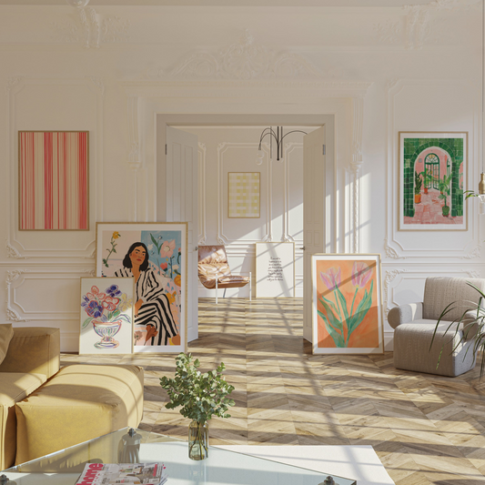 a living room filled with furniture and paintings