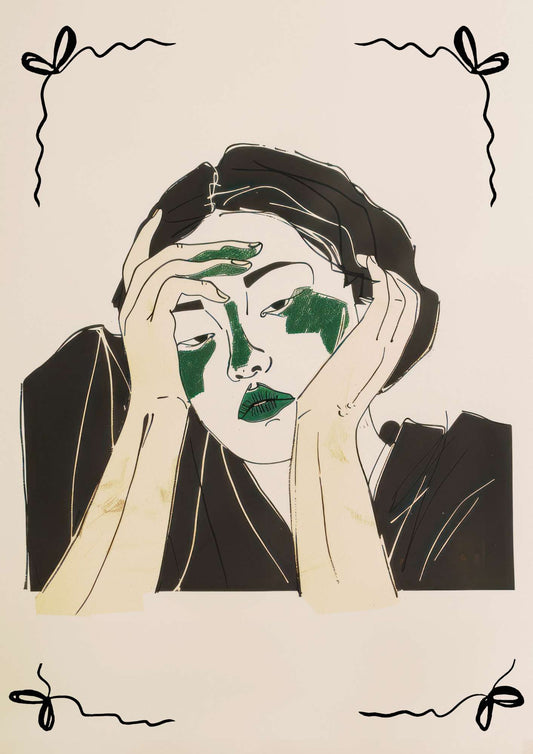 a drawing of a woman covering her eyes