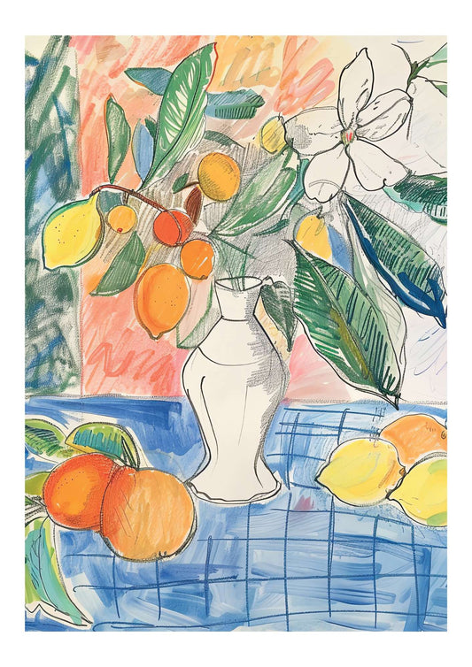 a drawing of a vase with lemons and oranges