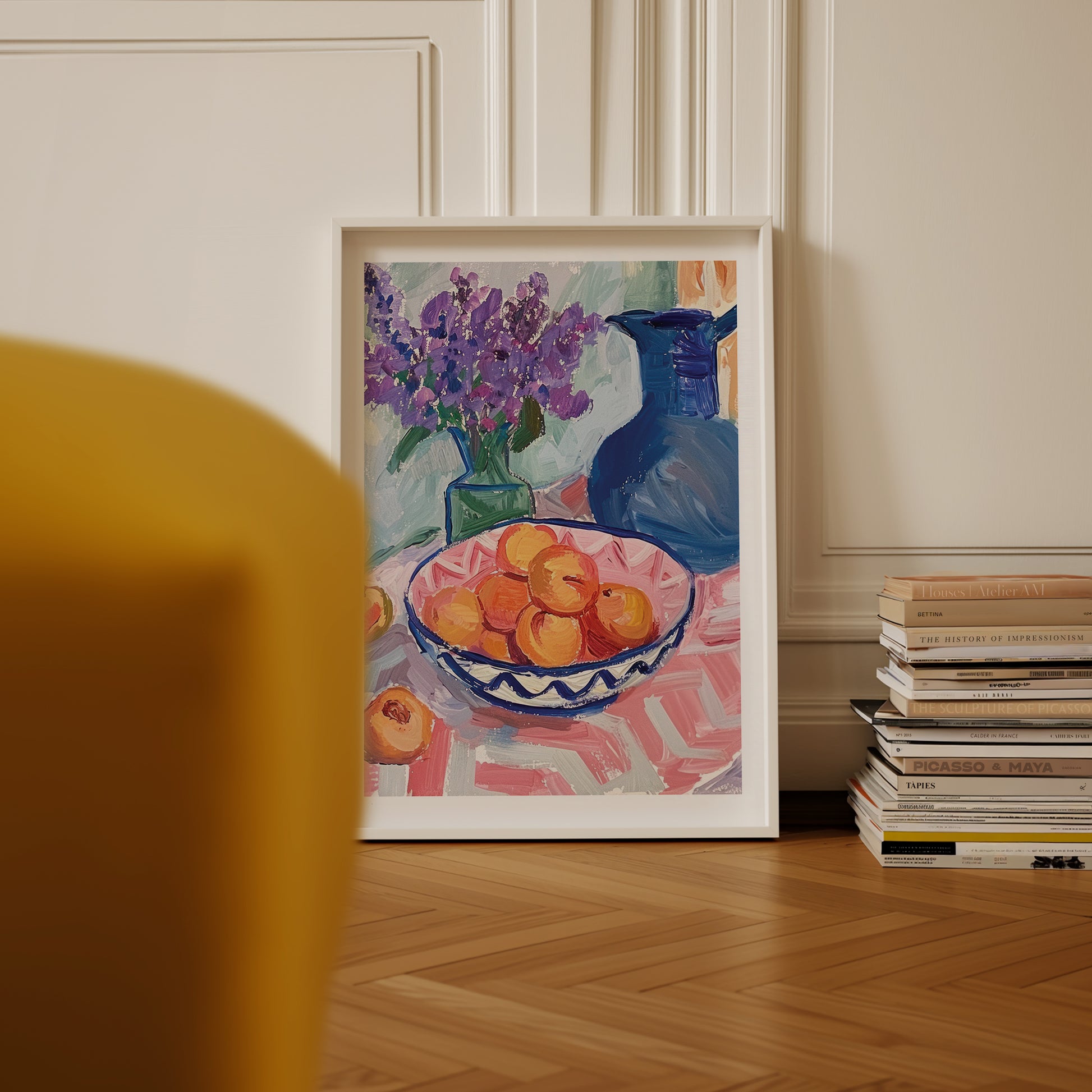 a painting of a bowl of oranges on a table