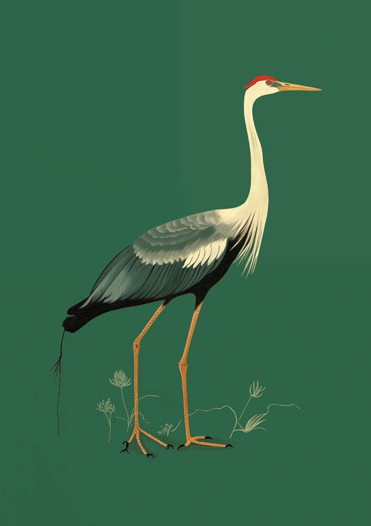 a painting of a bird with a long neck and legs