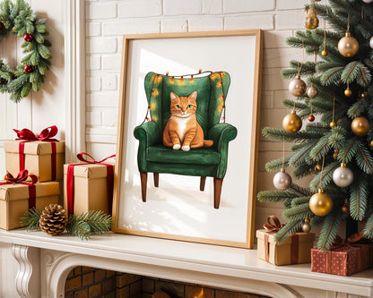 Cat on Festive Green Chair Art Print