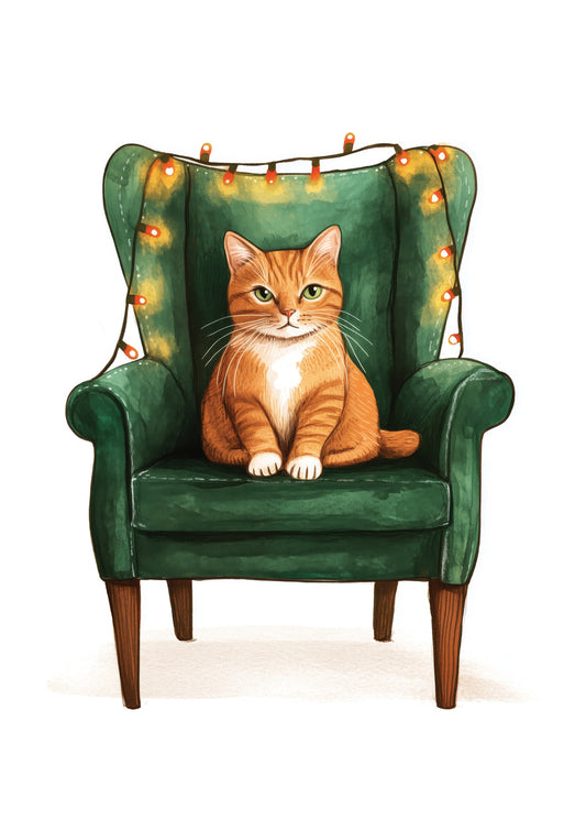 Cat on Festive Green Chair Art Print