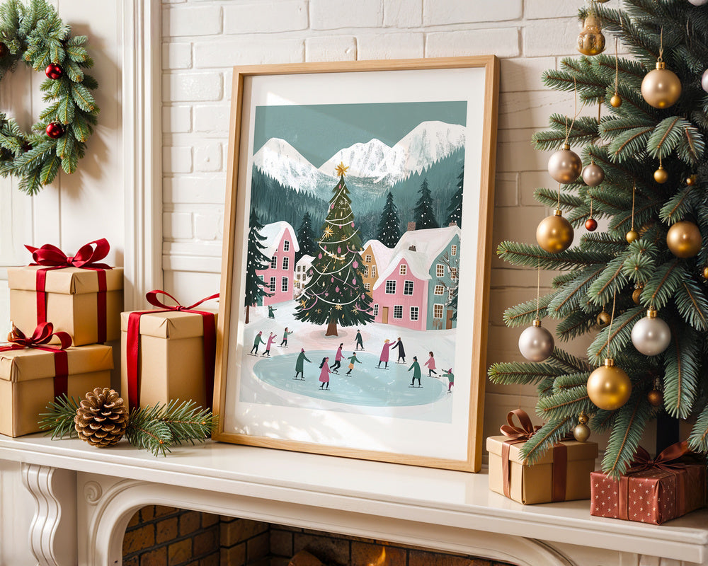 Village Ice Skating Christmas Art Print