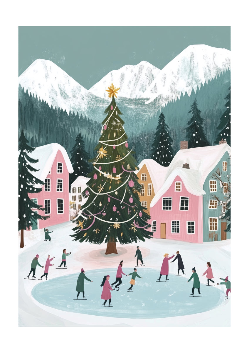 Village Ice Skating Christmas Art Print