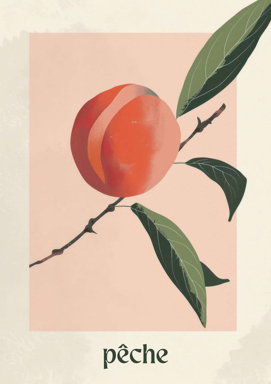 a peach on a branch with leaves on a pink background
