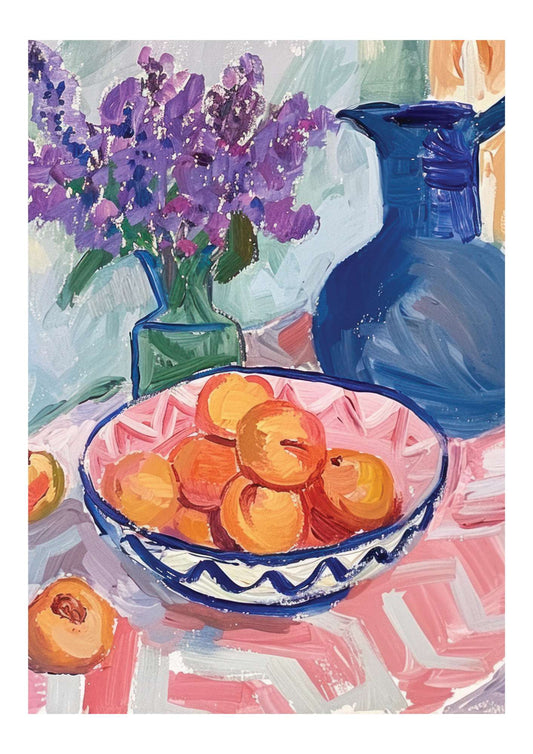 a painting of a bowl of peaches and a vase of flowers