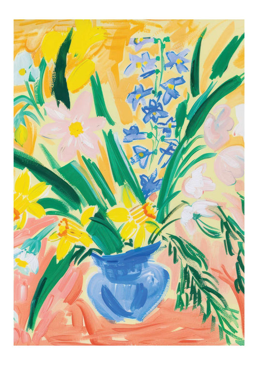 a painting of flowers in a blue vase