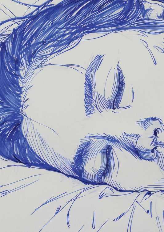 a drawing of a person sleeping on a bed