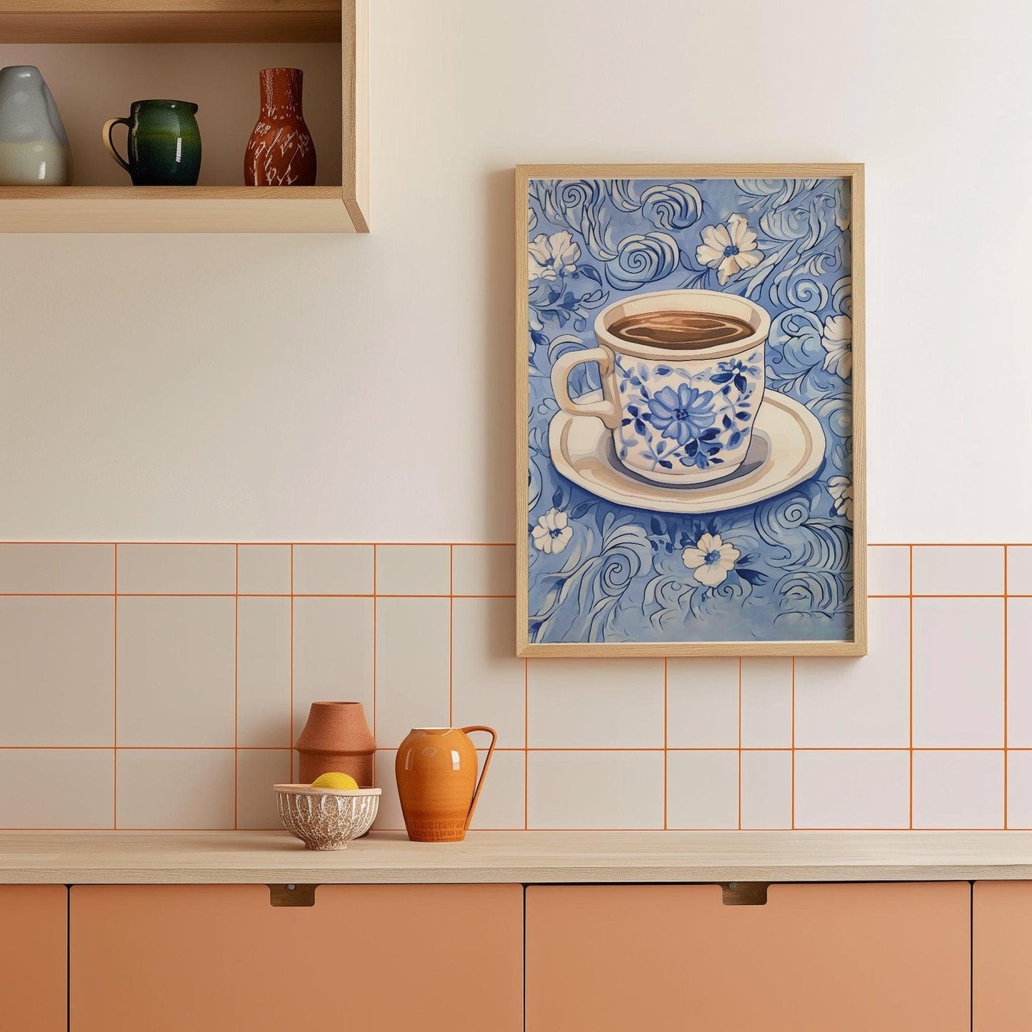 Blue Pattern & Tea Cup Art Print-Skudaboo