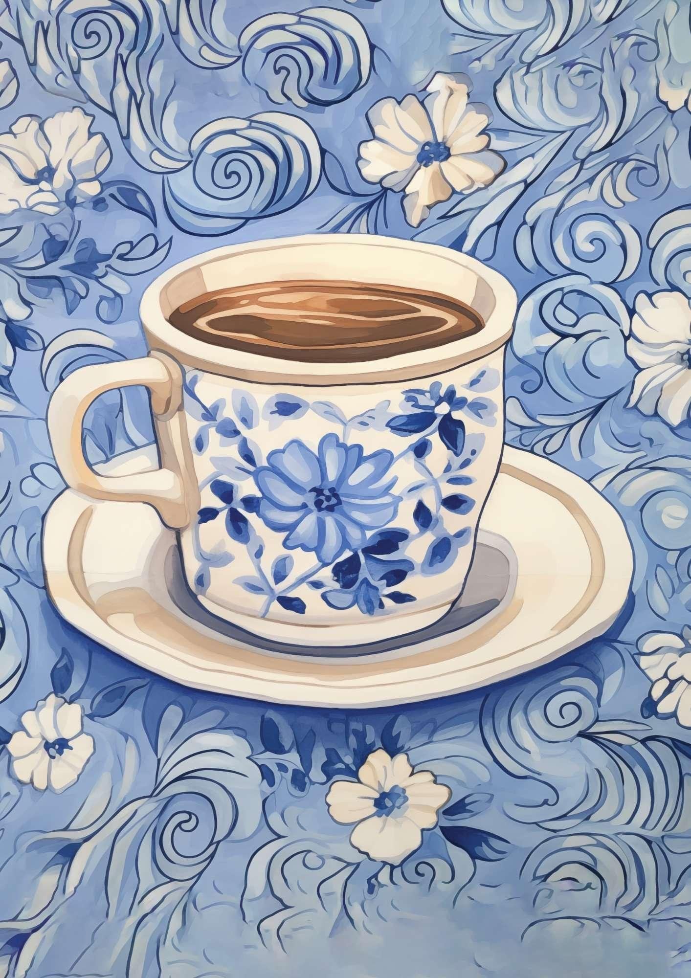 Blue Pattern & Tea Cup Art Print-Skudaboo