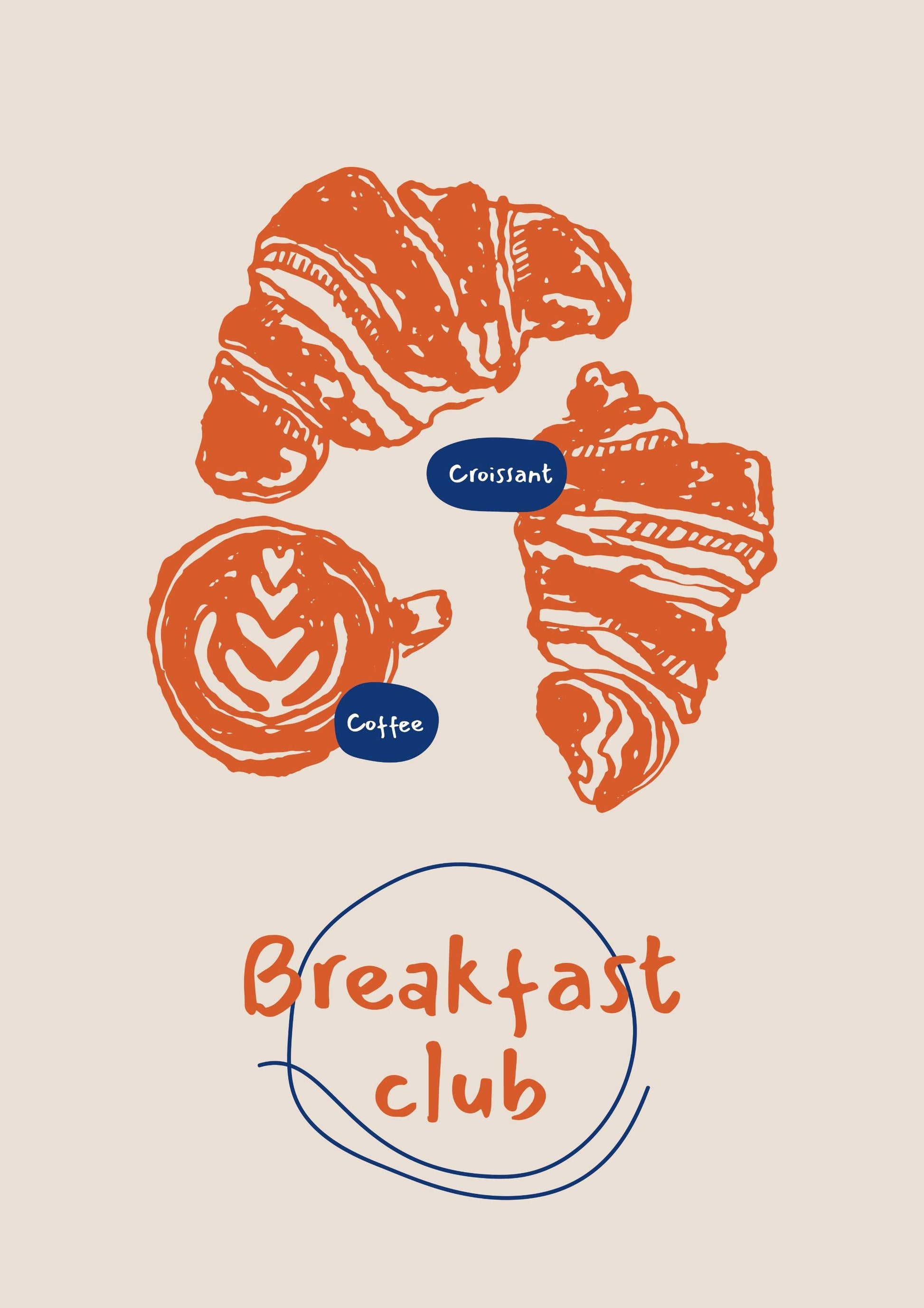 a drawing of a breakfast club with croissants and coffee