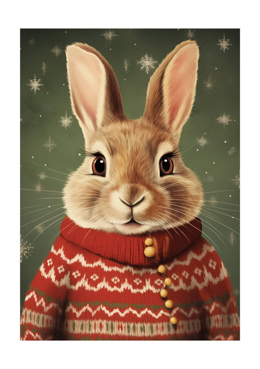 Bunny Rabbit in Jumper Retro Christmas Art Print-Skudaboo