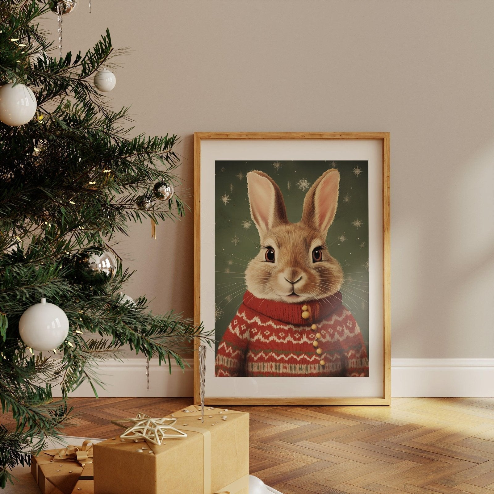 Bunny Rabbit in Jumper Retro Christmas Art Print-Skudaboo