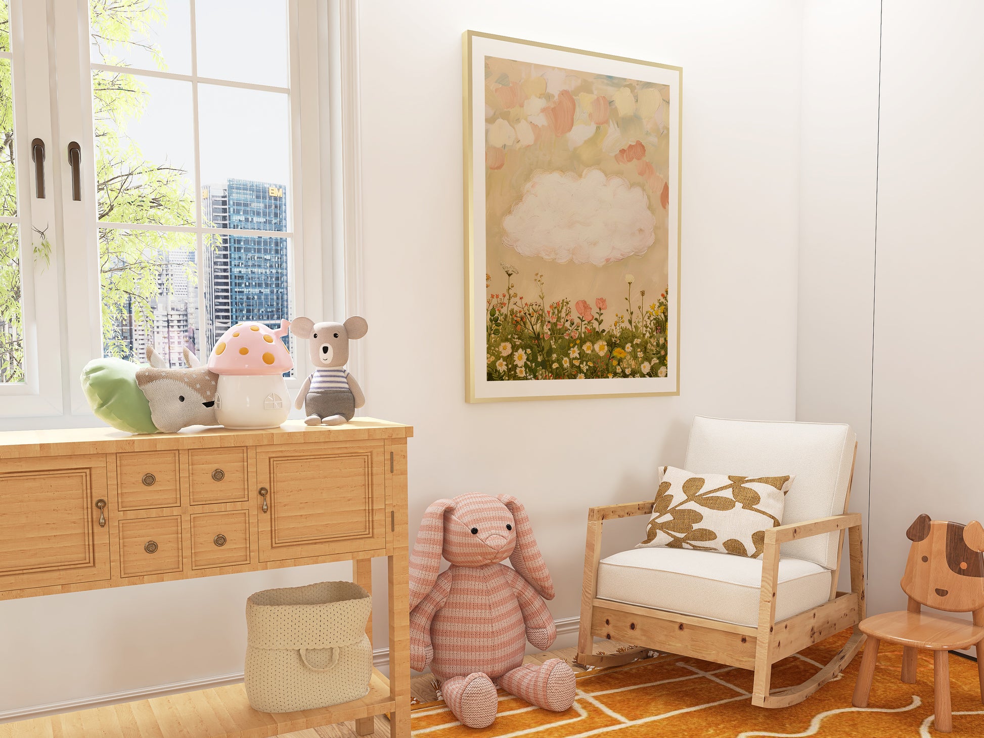a child's room with a rocking chair and a painting on the wall