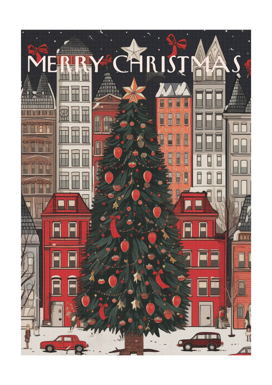 City Scene Retro Christmas Art Print-Skudaboo