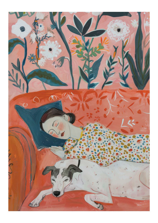 a painting of a woman sleeping on a couch next to a dog