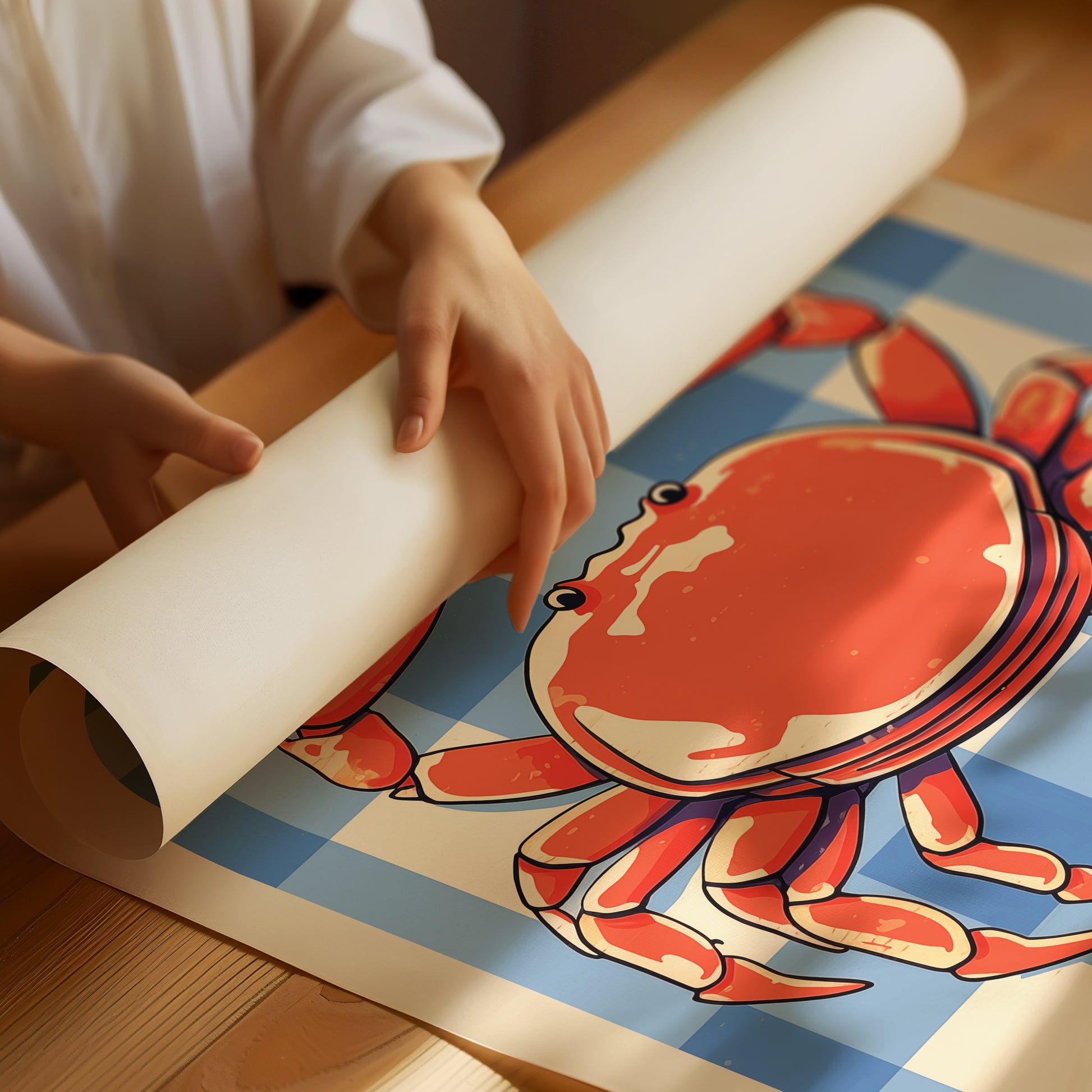 a person holding a roll of paper with a picture of a crab on it