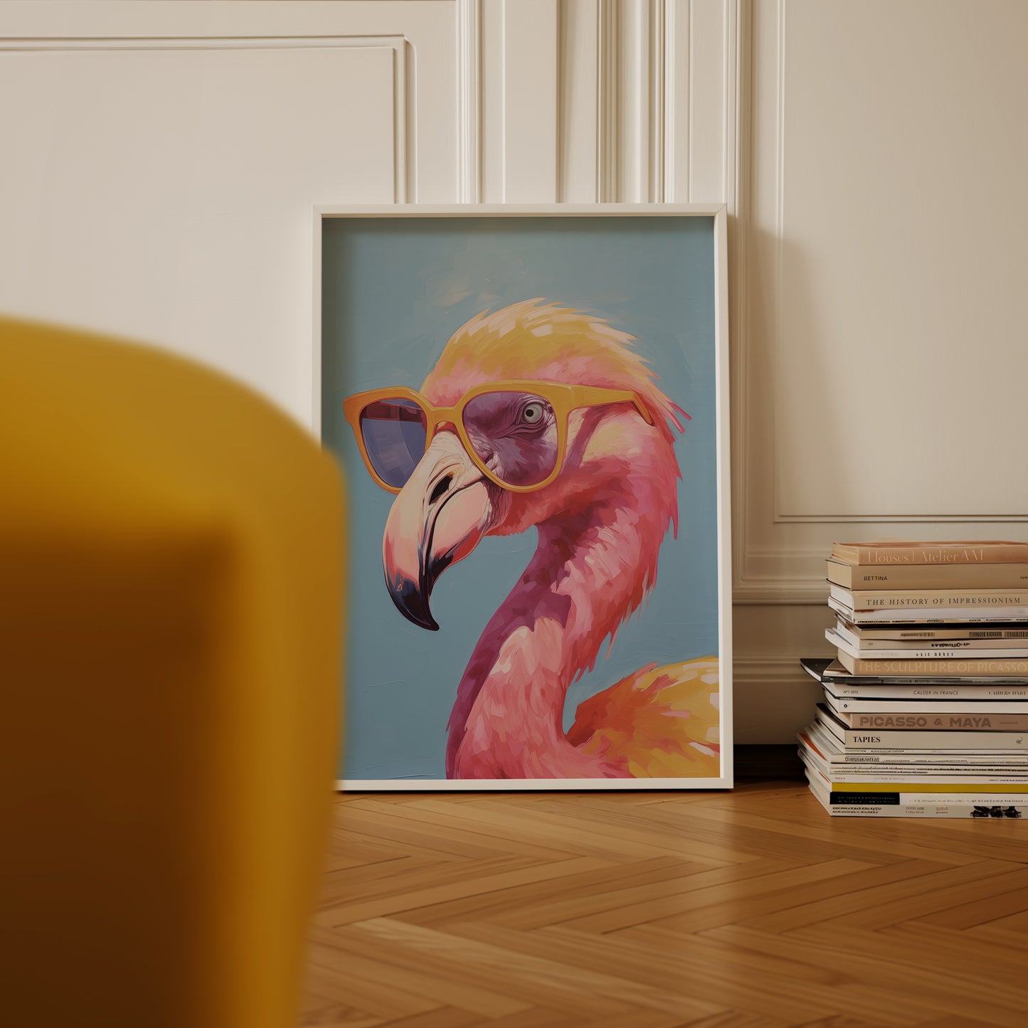 a painting of a pink flamingo wearing sunglasses
