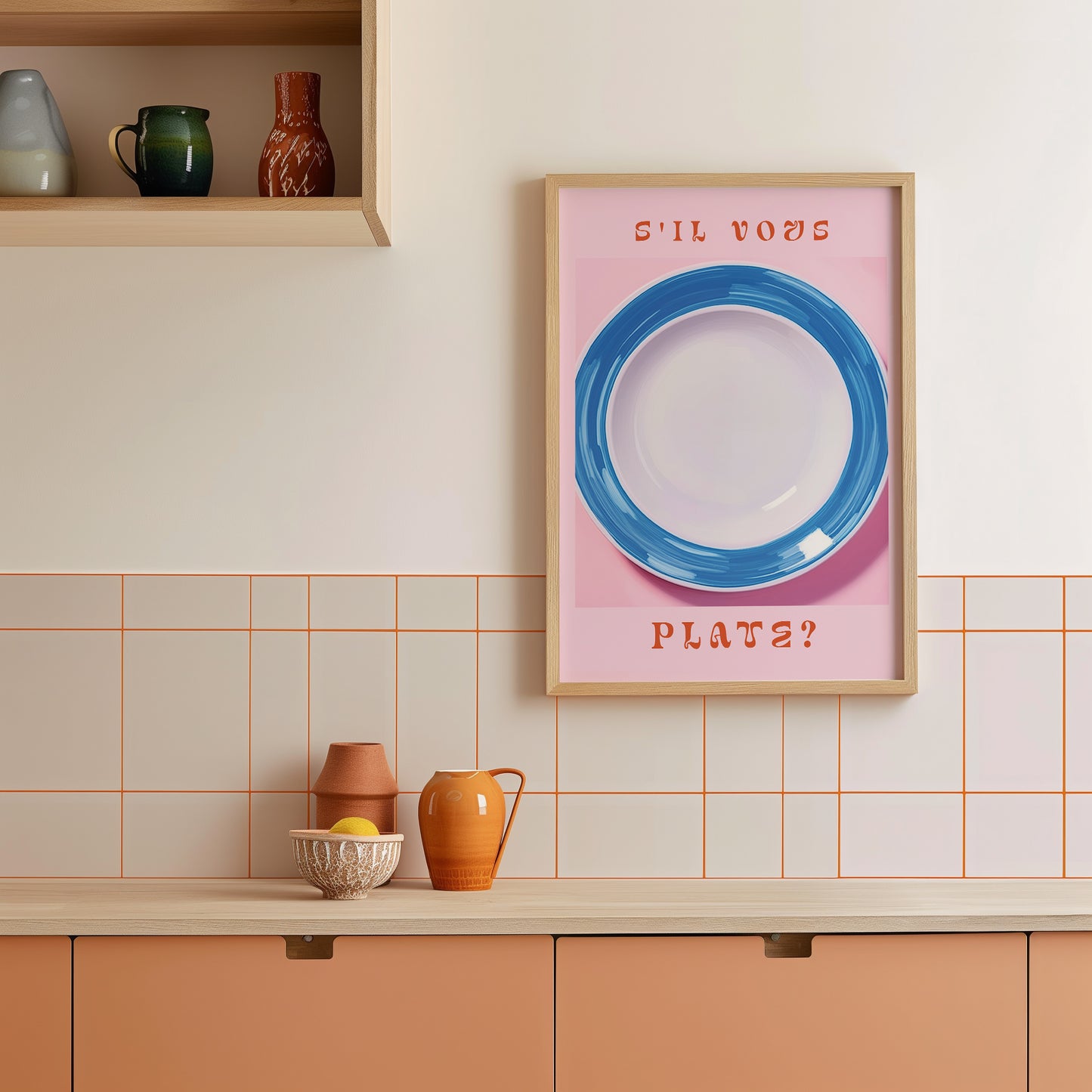 a picture of a plate on a shelf in a kitchen