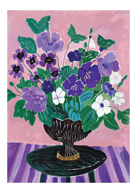 a painting of a vase of flowers on a table